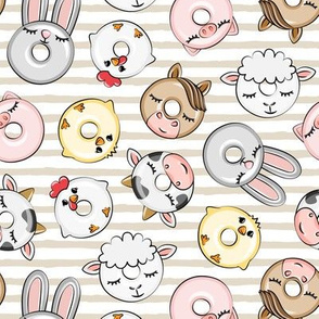 Farm Animal Donuts - beige stripes - cow, pig, chicken, lamb, bunny, rooster doughnuts - LAD20