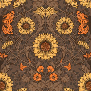 Art Nouveau  daisy flowers and butterflies in yellow and brown