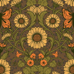 Art Nouveau daisy flowers and butterflies