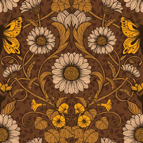 Art Nouveau  daisy flowers and butterflies in yellow and brown