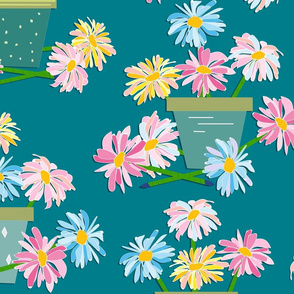 Kitsch DIY daisy flower power potted pens teal