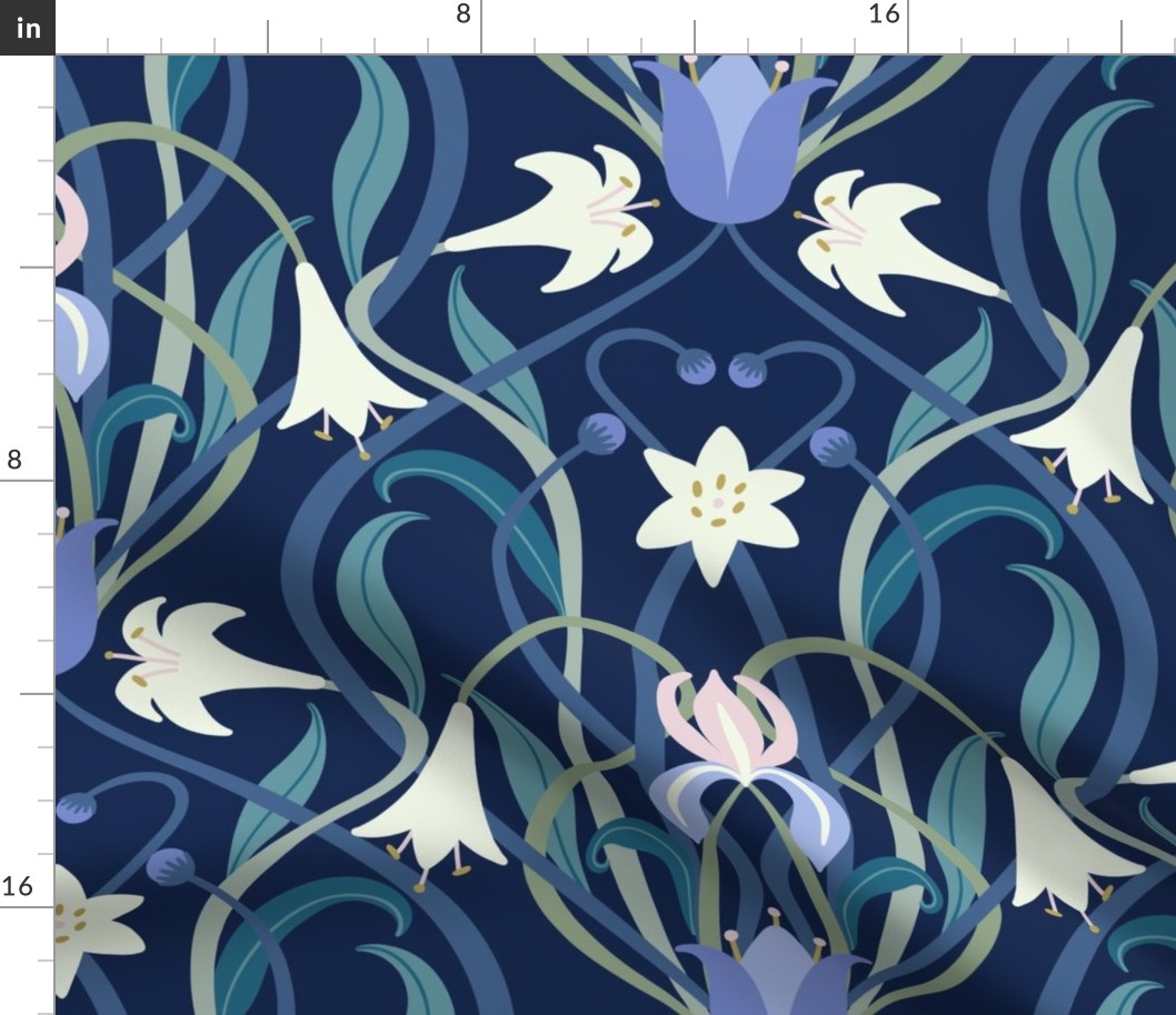 Art Nouveau lilies XL 24 inch midnight blue by Pippa Shaw