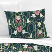 Art Nouveau lilies XL 24 inch forest green by Pippa Shaw