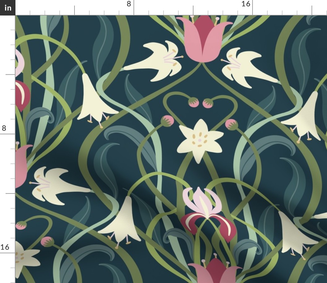 Art Nouveau lilies XL 24 inch forest green by Pippa Shaw