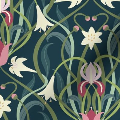 Art Nouveau lilies 12 inch forest green by Pippa Shaw