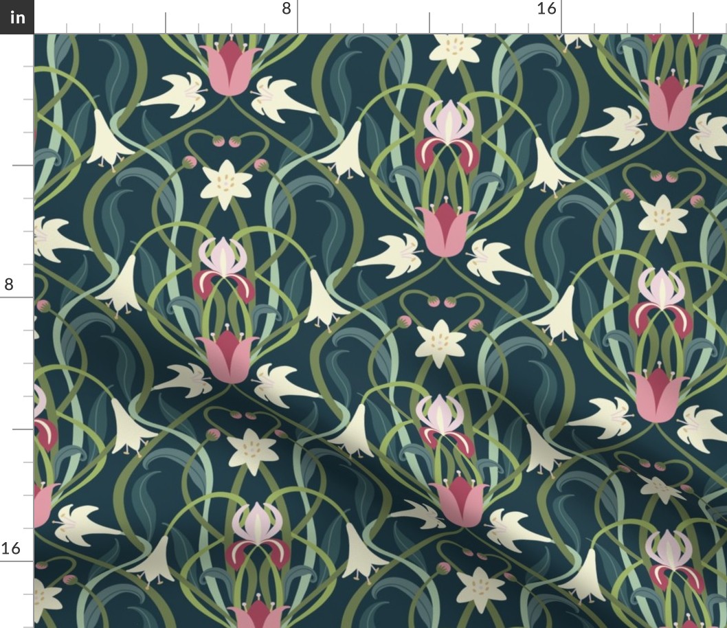 Art Nouveau lilies 12 inch forest green by Pippa Shaw