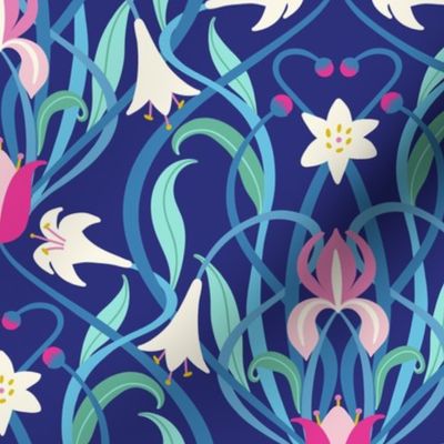 Art Nouveau lilies 12 inch royal blue fuchsia by Pippa Shaw