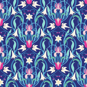 Art Nouveau lilies 12 inch royal blue fuchsia by Pippa Shaw