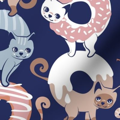 Normal scale // Cats Donut Care // blue background blush pink, teal pastel blue and brown sweet kitties