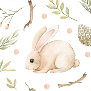 Watercolor forest pattern of delicate dusty pink rabbit, pink birds, berries, twigs. The pattern is perfect for Easter, for children's fabrics, bed linen and other products