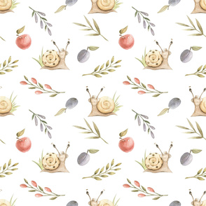 Watercolor delicate pattern of playful snails, plums, apples, berries and olive branches. 