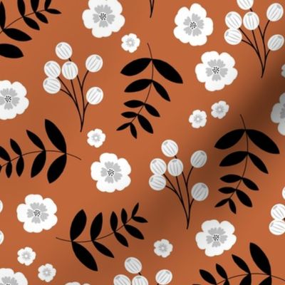 Flowers and leaves jungle garden paradise island boho vibes flowers and palm leaf print rust copper brown