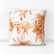 Orange Watercolor Floral with Sleepy Sloths - super large