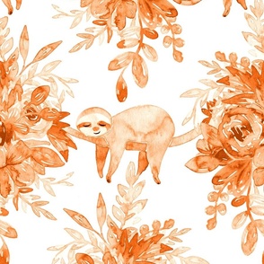 Orange Watercolor Floral with Sleepy Sloths - super large