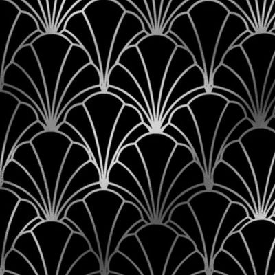 Scallop Shells in Black and Faux Silver Foil Art Deco Vintage Foil Pattern