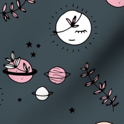 Little boho moon and stars jungle universe kawaii planets style kids pink gray night