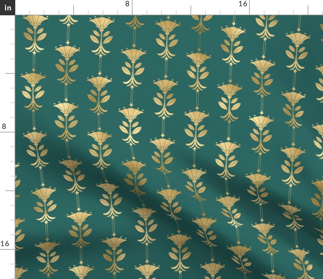 Teal and Faux Gold Foil Vintage Art Deco Damask Pattern