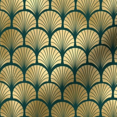 Teal and Faux Gold Foil Vintage Art Deco Fan Palms Pattern