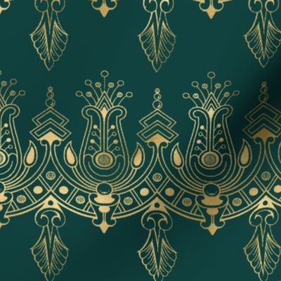 Teal and Faux Gold Foil Vintage Art Deco Damask Border Pattern