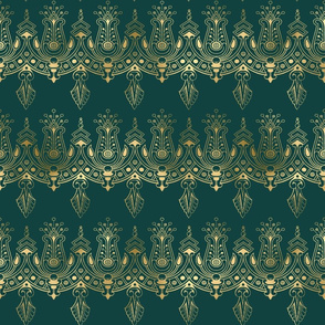 Teal and Faux Gold Foil Vintage Art Deco Damask Border Pattern