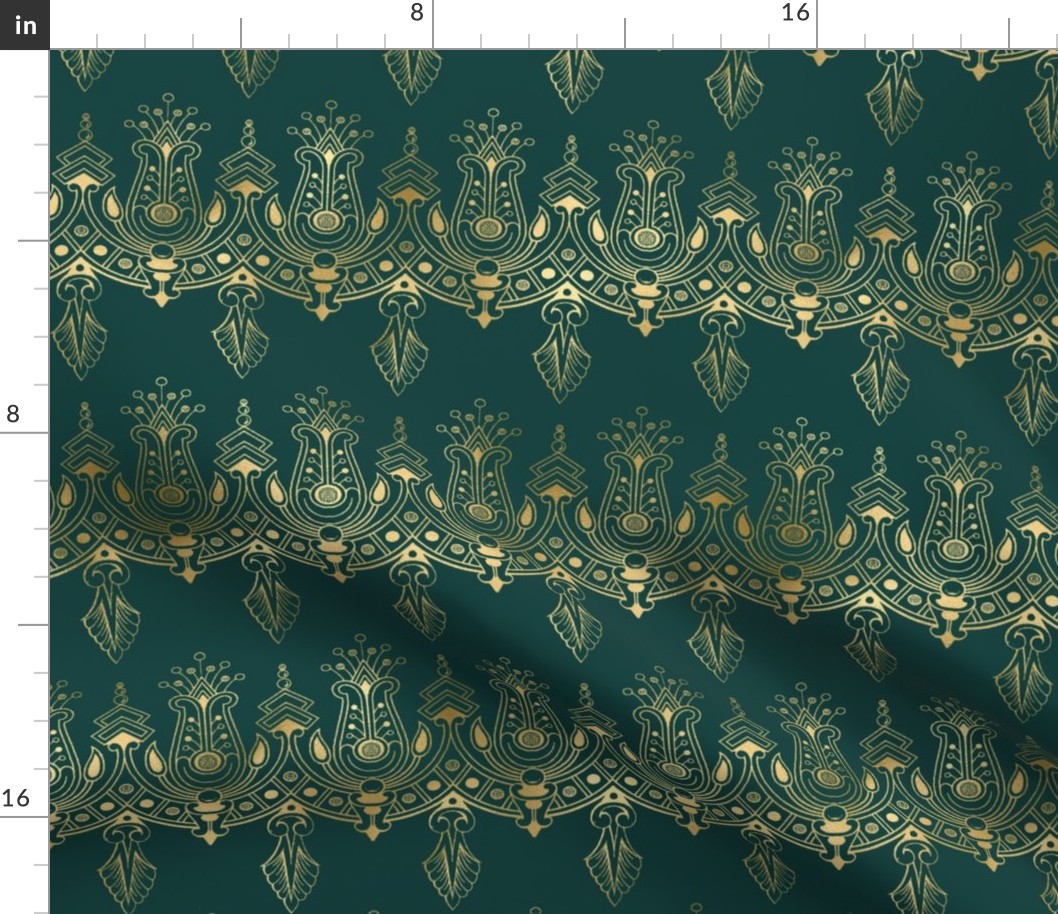 Teal and Faux Gold Foil Vintage Art Deco Damask Border Pattern