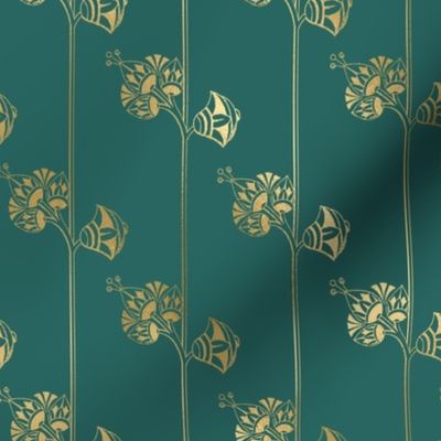 Teal and Faux Gold Vintage Foil Art Deco Floral Pattern