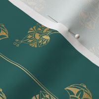 Teal and Faux Gold Vintage Foil Art Deco Floral Pattern