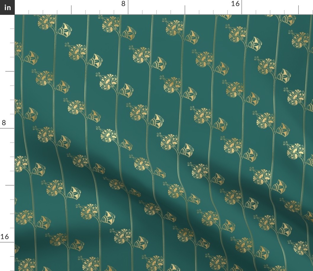 Teal and Faux Gold Vintage Foil Art Deco Floral Pattern