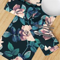 Retro Kitsch Vintage Roses in Mauve Pink on Dark Teal - large