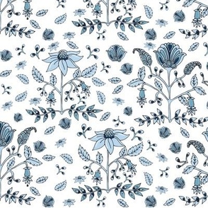 Blue flowers and leaves in square repeats 