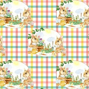 4" Spring Garden Bunnies Peach and Teal Gingham