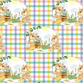 4" Spring Garden Bunnies Pink and Lilac Gingham