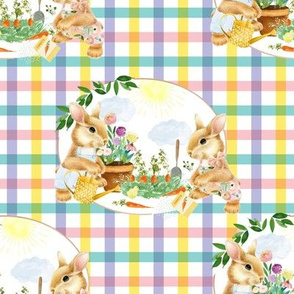 8" Spring Garden Bunnies Pink and Lilac Gingham