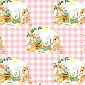 4" Spring Garden Bunnies Pink Gingham