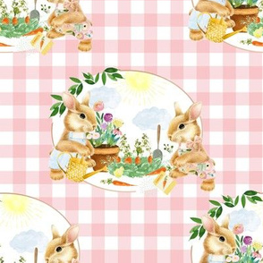 8" Spring Garden Bunnies Pink Gingham