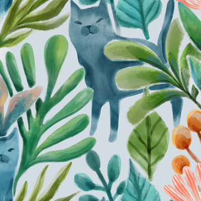 Watercolor cats, plants, flowers. Jumbo big scale summer art.