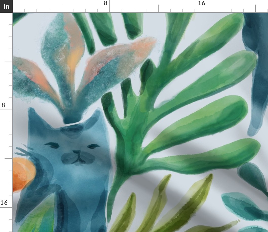 Watercolor cats, plants, flowers. Jumbo big scale summer art.