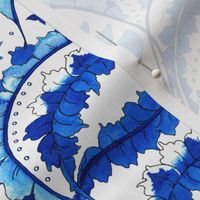 Openwork, watercolor, abstract leaves and flowers. Sky blue, blue on a white background