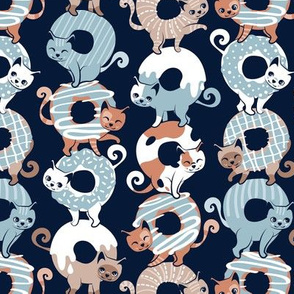 Small scale // Cats Donut Care // navy blue background pastel blue and brown sweet kitties