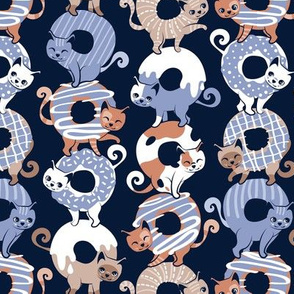 Small scale // Cats Donut Care // navy blue background indigo blue and brown sweet kitties