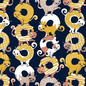 Small scale // Cats Donut Care // navy blue background goldenrod yellow mustard and brown sweet kitties