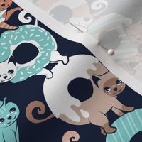 Small scale // Cats Donut Care // navy blue background mint and brown sweet kitties