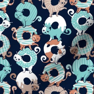 Small scale // Cats Donut Care // navy blue background mint and brown sweet kitties