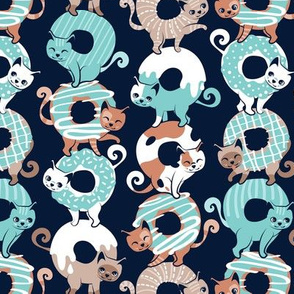 Small scale // Cats Donut Care // navy blue background mint and brown sweet kitties