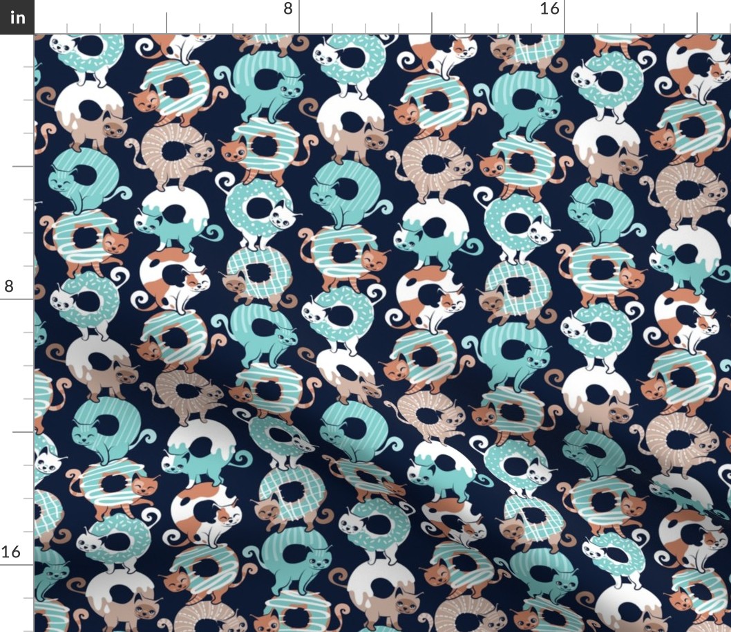 Small scale // Cats Donut Care // navy blue background mint and brown sweet kitties