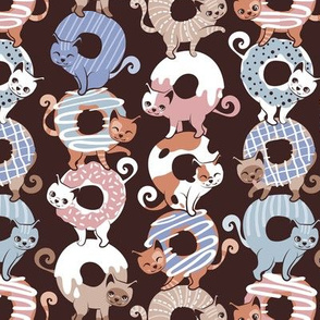 Small scale // Cats Donut Care // brown background blush pink, blue and brown sweet kitties