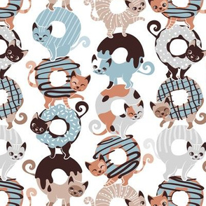 Small scale // Cats Donut Care // white background pastel blue and brown sweet kitties