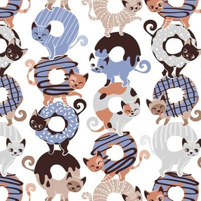 Small scale // Cats Donut Care // white background indigo blue and brown sweet kitties 
