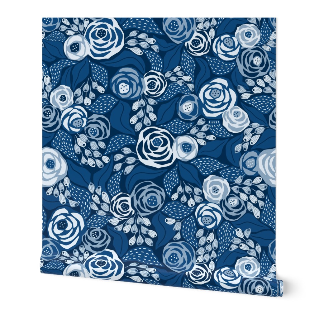 Classic blue papercut roses/large scale