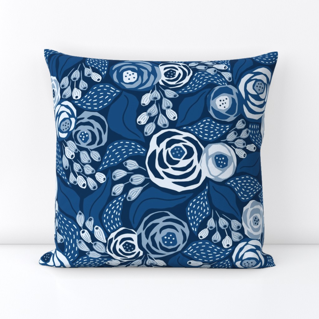 Classic blue papercut roses/large scale